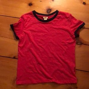 Red t-shirt with navy blue trim